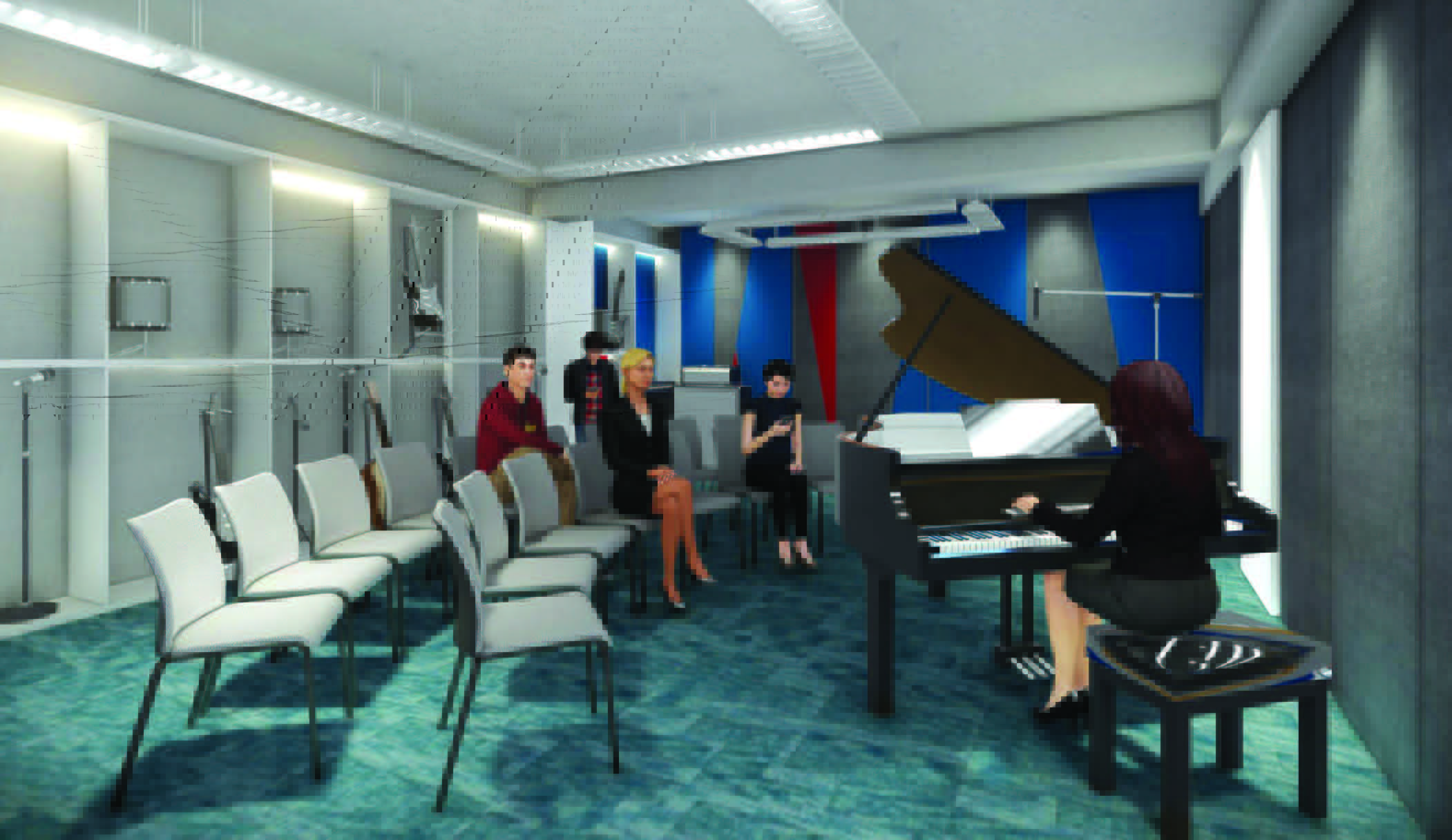The music room is sound-proof. Students will learn how to sing along with teachers’s organ notes.