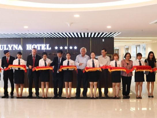 The delegates cut the ribbon to mark the inauguration of the 5-star Sulyna Hotel and Tourism Practice Complex.
