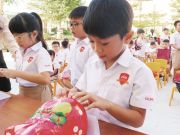 Students of class 4A, iSchool Tra Vinh feeding the pig at school