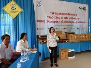 Ms. Nguyen Thi Thu Ha, Director of the center giving a thank-you speech to Nguyen Hoang Group